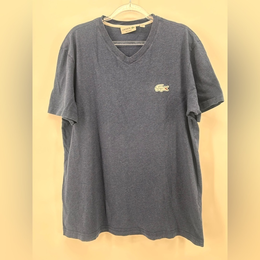 Lacoste Shirt Men’s XL Fr 6 Blue 100% Cotton V Neck Embroidered Lrg Logo